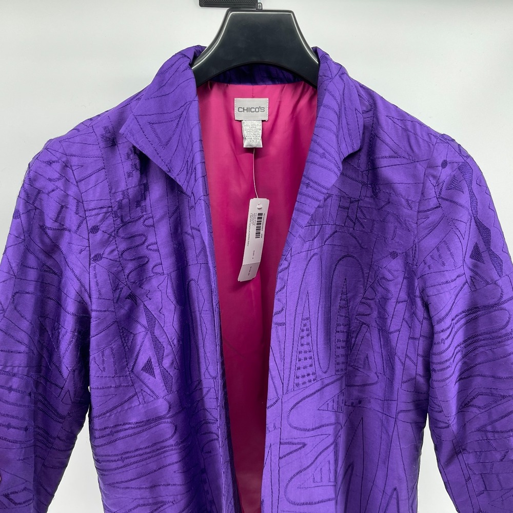 Chicos Silk Jacket Womens 2 Medium Purple Artwear Embroidered Lined‎ NEW